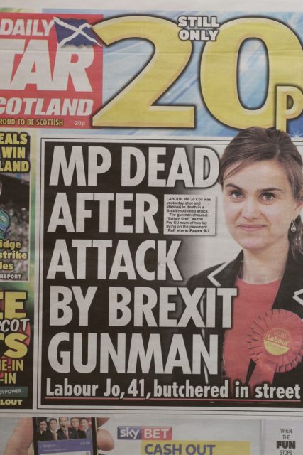 Front page Daily Star announcing Jo Cox killed by Brexit gunman