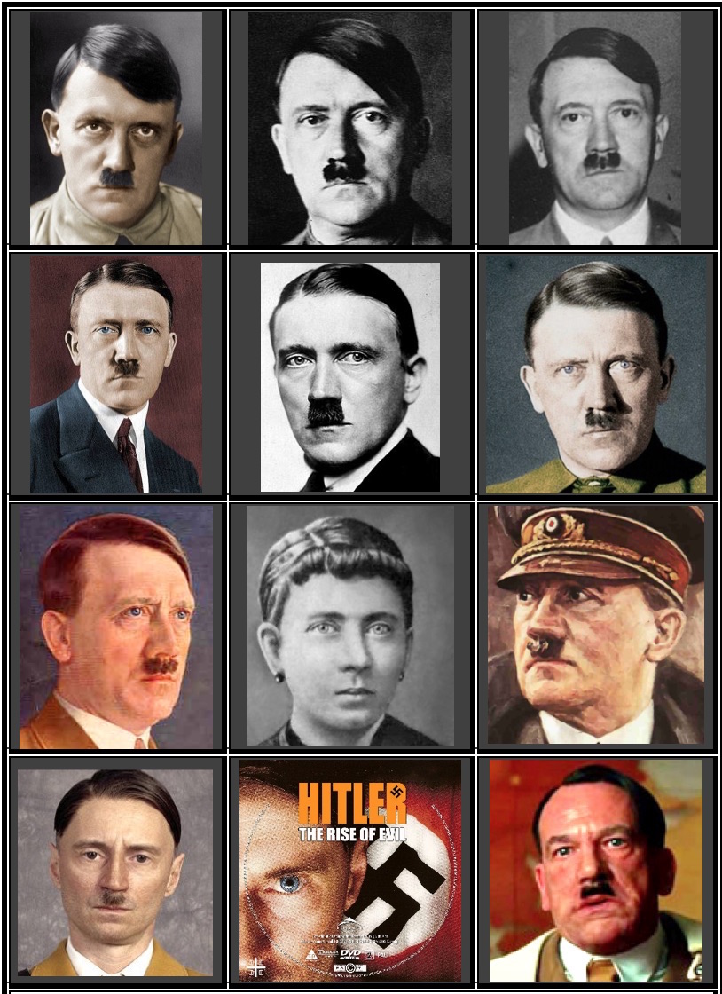 Row 1: brown-eyed Hitlers/ Row 2: blue-eyed Hitlers/ Row 3: blue-eyed painting, Hitler’s blue-eyed mother, brown-eyed painting/ Row 4: brown-eyed Robert Carlyle, blue-eyed Robert Carlyle, brown-eyed Martin Wuttke